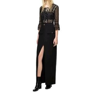 Self Portrait Long Maxi Dress Guipure Lace Up Split Front Black Size 2